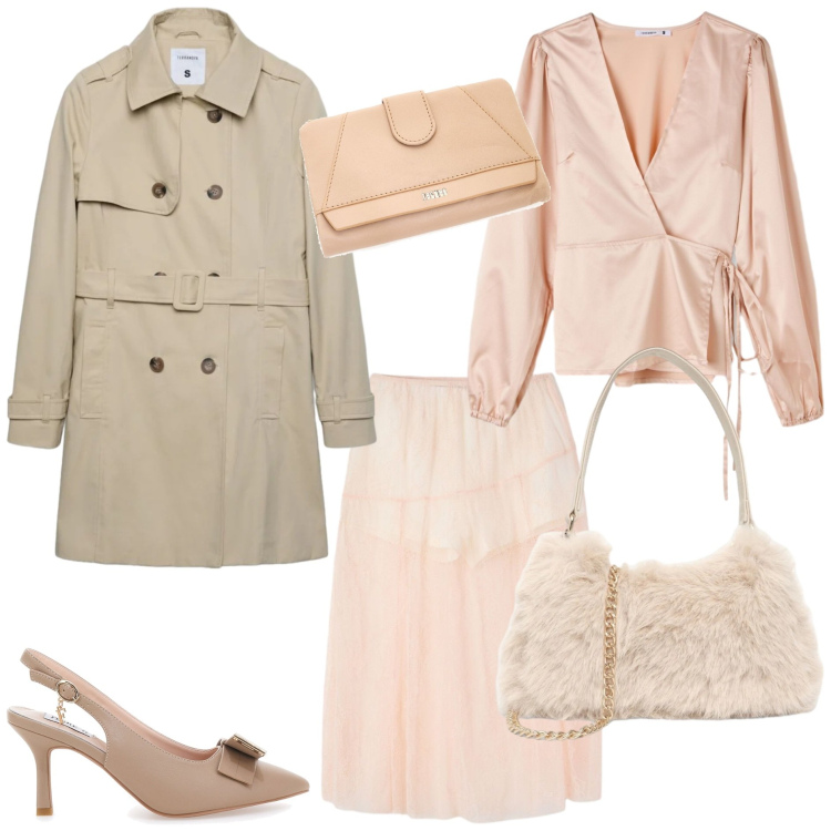 Outfit donna - Il gioco delle proporzioni. Stile Casual chic per Tutti i giorni. Abbinamento con borse a spalla, trench, bluse, gonne longuette, décolleté, portafogli.