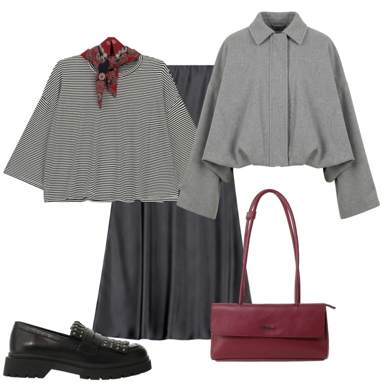 Outfit donna - Total look #2489087. Stile Preppy per Scuola/Università. Abbinamento con gonne lunghe, mocassini, t-shirt, borse a spalla, bomber.