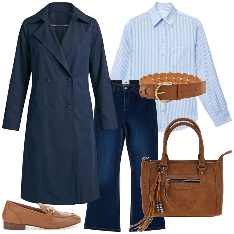 Outfit donna - Trench casual chic. Stile Casual chic per Tutti i giorni. Abbinamento con trench, jeans a zampa, camicie, cinture, borse a mano, mocassini.