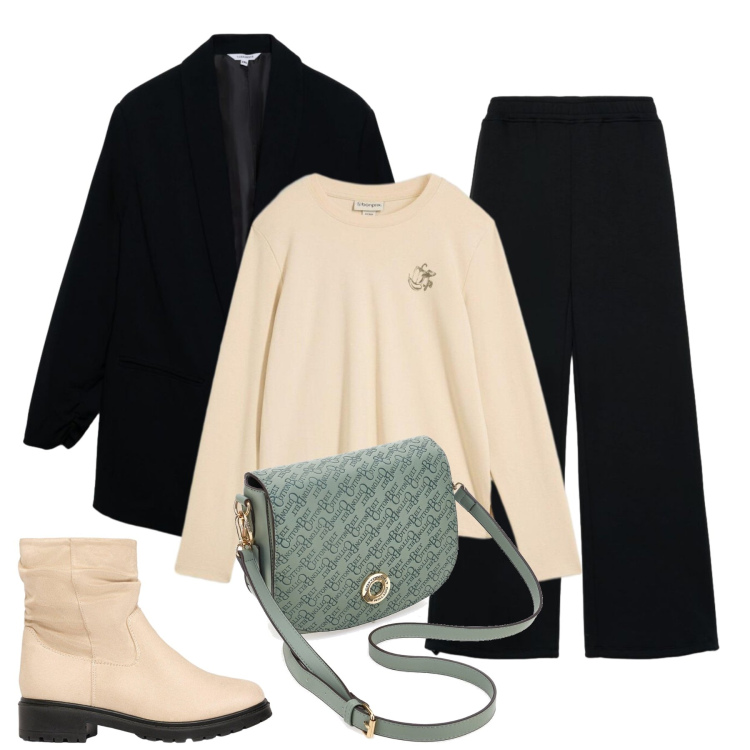 Outfit donna - Comfort Elegante per Ogni Giorno. Stile Casual chic per Tutti i giorni. Abbinamento con blazer, pantaloni, borse a tracolla, maglieria, stivaletti.