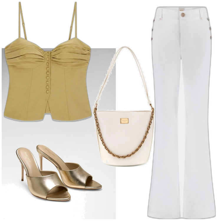 Outfit mujer - Casual chic. Estilo Casual chic para Noche/Fiesta elegante. Combinación con bolsos saco, top, sandalias de tacón, pantalones palazzo.