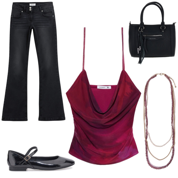 Outfit donna - Casual Chic and Glamour. Stile Casual chic per Serata fuori. Abbinamento con collane, jeans a zampa, top, ballerine, borse a mano.