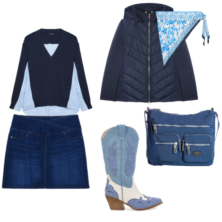 Outfit donna - Saldi di mezza stagione. Stile Casual per Tutti i giorni. Abbinamento con borse a tracolla, maglieria, minigonne, piumini, foulard, stivaletti texani.