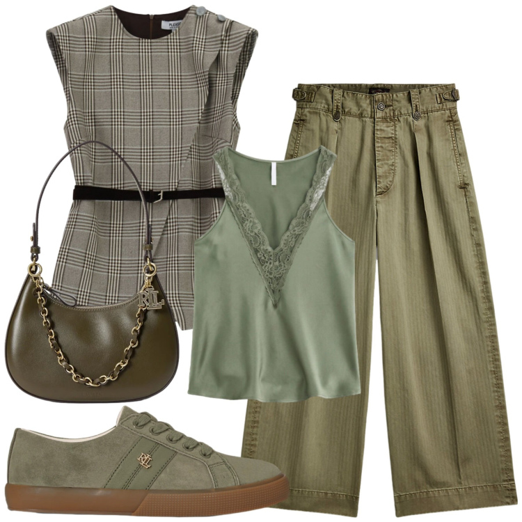 Outfit donna - Salvia. Stile Casual chic per Tutti i giorni. Abbinamento con canottiere, pantaloni, sneakers, borse a spalla, gilet.