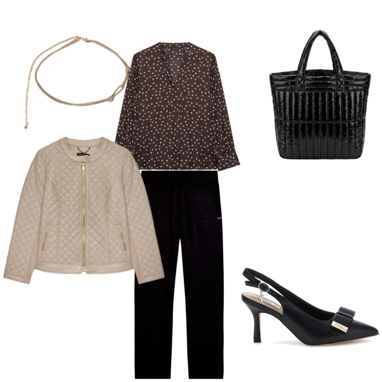 Outfit donna - Aperitivo. Stile Casual chic per Serata fuori. Abbinamento con bluse, giacche, cinture, pantaloni, borse a mano, décolleté.