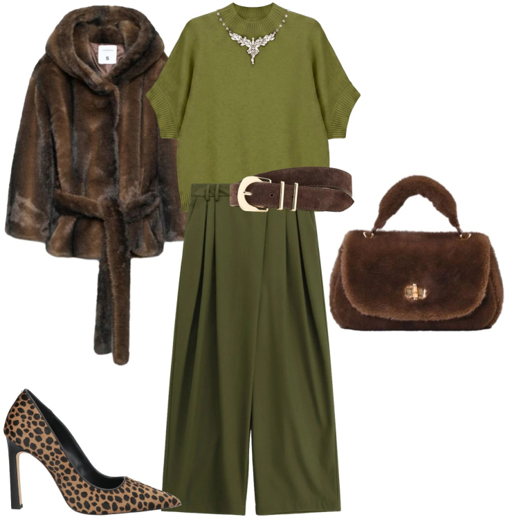 Outfit donna - Sofisticata e di grande tendenza. Stile Trendy per Serata fuori. Abbinamento con décolleté, cinture, blazer, maglieria, pantaloni a palazzo, borse a mano.