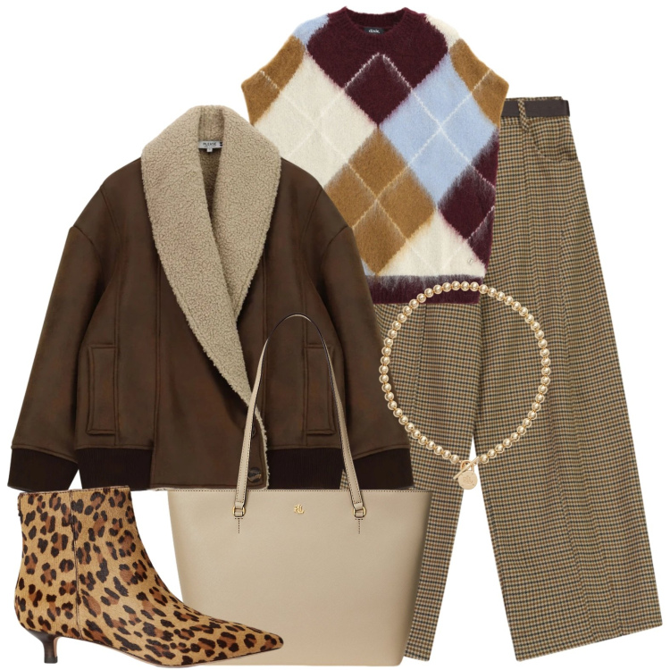 Outfit donna - Casual. Stile Casual per Tutti i giorni. Abbinamento con pantaloni a palazzo, collane, borse tote, stivaletti, blazer, maglieria.