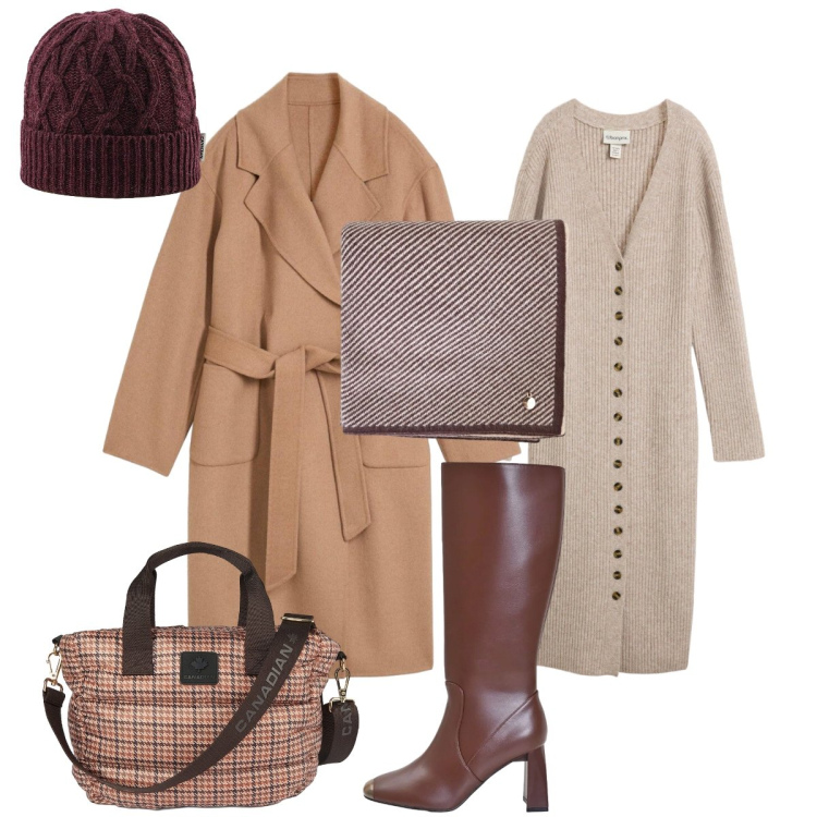 Outfit donna - Eleganza avvolgente: cappotto sartoriale. Stile Bon Ton per Tutti i giorni. Abbinamento con stivali sopra il ginocchio, sciarpe, borse tote, berretti, vestiti midi/longuette, cappotti.