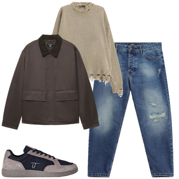 Outfit uomo - Total look #2489111. Stile Urban per Tutti i giorni. Abbinamento con sneakers, jeans strappati, maglieria, cappotti.