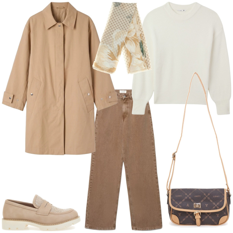 Outfit donna - Trench over size curvy. Stile Casual per Tutti i giorni. Abbinamento con maglieria, trench, jeans, borse a tracolla, mocassini, foulard.
