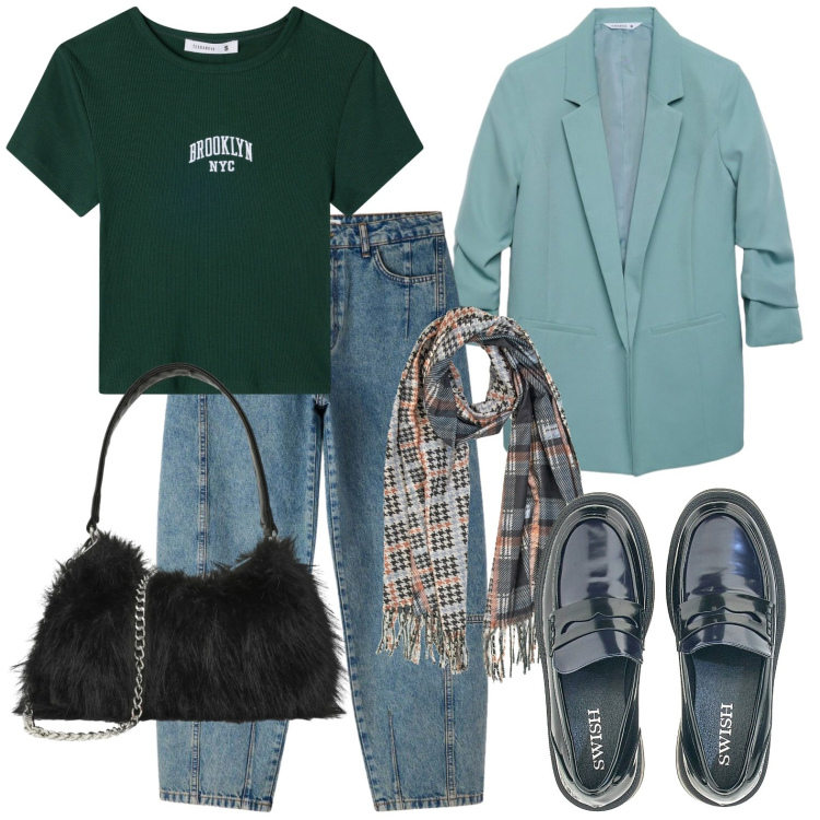 Outfit donna - Urban. Stile Urban per Tutti i giorni. Abbinamento con t-shirt, blazer, jeans, borse a spalla, mocassini, sciarpe.