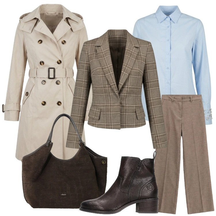 Outfit donna - Mid Season Sale - Autumn Upgrade. Stile Preppy per Ufficio. Abbinamento con pantaloni, borse a spalla, trench, camicie, blazer, stivaletti.