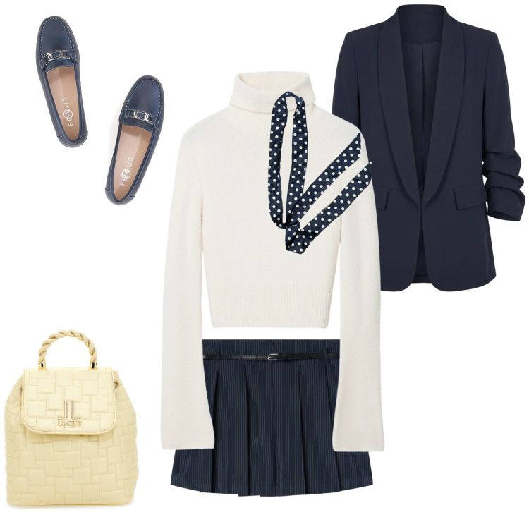 Outfit donna - Rory Gilmore style. Stile Preppy per Scuola/Università. Abbinamento con blazer, foulard, maglieria, minigonne, mocassini, zaini.