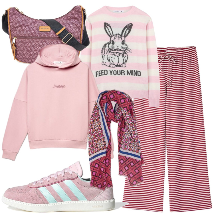 Outfit donna - Sportiva. Stile Casual per Sport. Abbinamento con maglieria, pantaloni, felpe con cappuccio, foulard, borse a tracolla, sneakers.