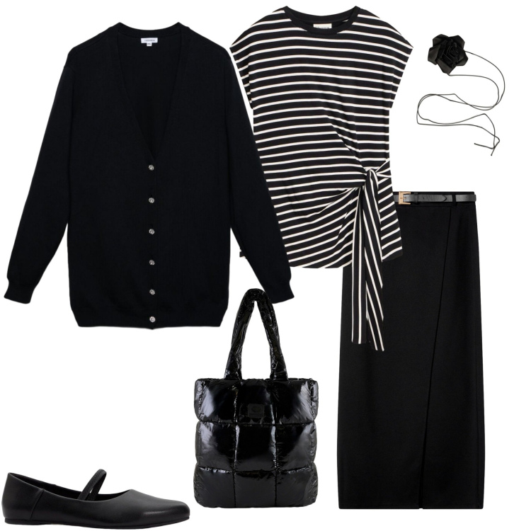 Outfit donna - Mid Season Sale. Stile Casual chic per Tutti i giorni. Abbinamento con shopping bag, collane, gonne lunghe, cardigans, ballerine, maglieria.