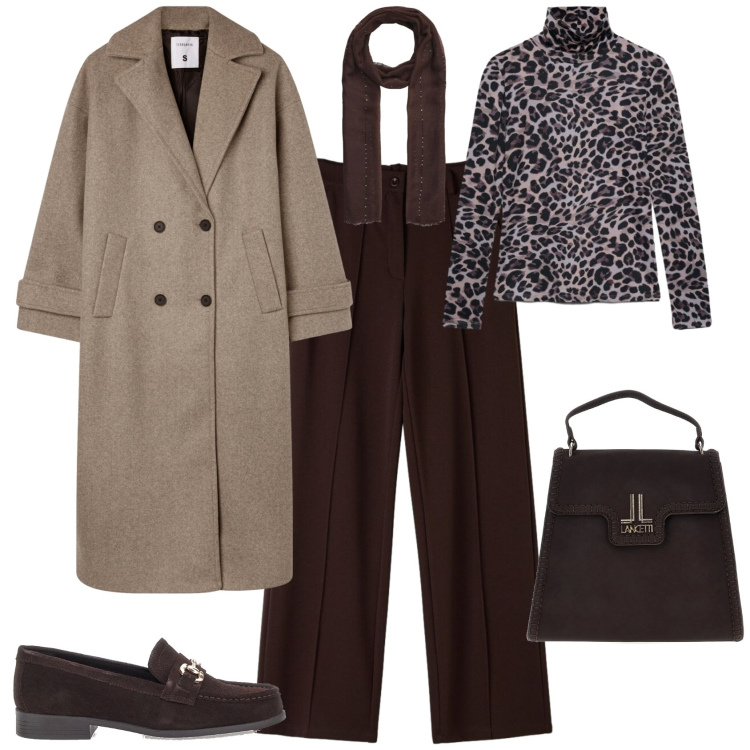 Outfit donna - Minimal chic ufficio tempo libero. Stile Casual chic per Ufficio. Abbinamento con cappotti, sciarpe, pantaloni, t-shirt, mocassini, borse a mano.