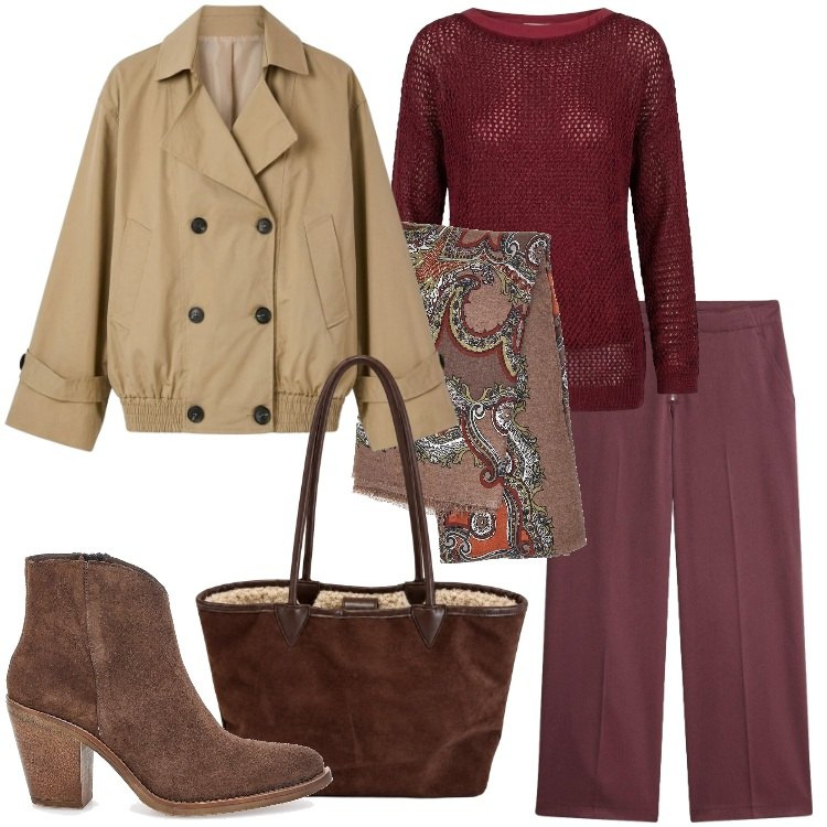 Outfit donna - Mid Season Sale - Autumn Upgrade. Stile Basic per Ufficio. Abbinamento con maglieria, shopping bag, trench, pantaloni, stivaletti, foulard.