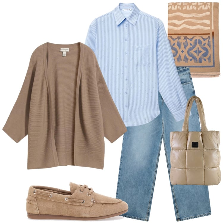 Outfit donna - Mid Season Sale. Stile Casual per Ufficio. Abbinamento con jeans boyfriend, camicie, sciarpe, shopping bag, cardigans, scarpe stringate.