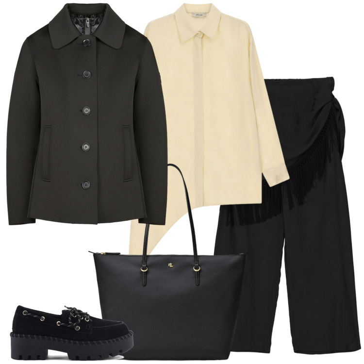 Outfit donna - Autunno upgrade. Stile Trendy per Ufficio. Abbinamento con camicie, pantaloni a palazzo, borse tote, caban, mocassini.