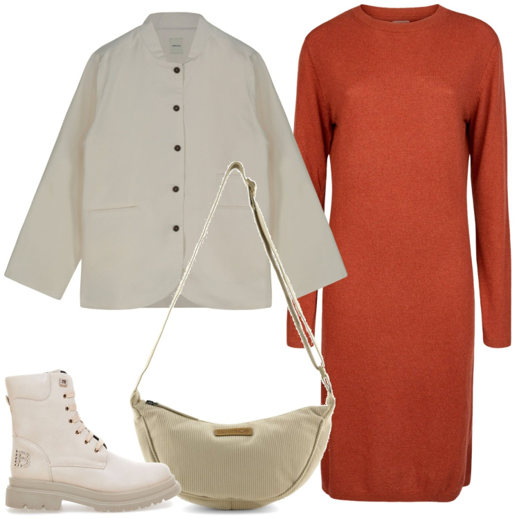 Outfit donna - Colori zucca. Stile Casual per Tutti i giorni. Abbinamento con giacche, vestiti midi/longuette, anfibi, borse a tracolla.