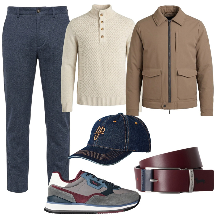 Outfit uomo - City style. Stile Urban per Tutti i giorni. Abbinamento con cinture, pullovers, giacche, pantaloni, cappelli con visiera, sneakers.