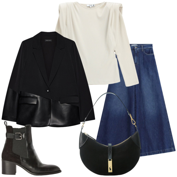 Outfit donna - Total look #2489132. Stile Glamour per Tutti i giorni. Abbinamento con stivaletti, blazer, borse a spalla, jeans, t-shirt.