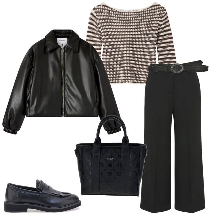 Outfit donna - Terranova Sale. Stile Casual chic per Ufficio. Abbinamento con pantaloni, bomber, cinture, maglieria, mocassini, borse a tracolla.