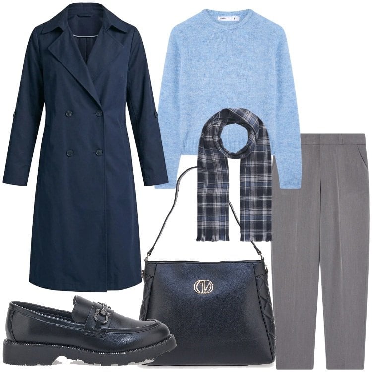 Outfit donna - Trench oversize: il gioco delle proporzi. Stile Preppy per Ufficio. Abbinamento con maglieria, trench, pantaloni chino, sciarpe, mocassini, borse a spalla.