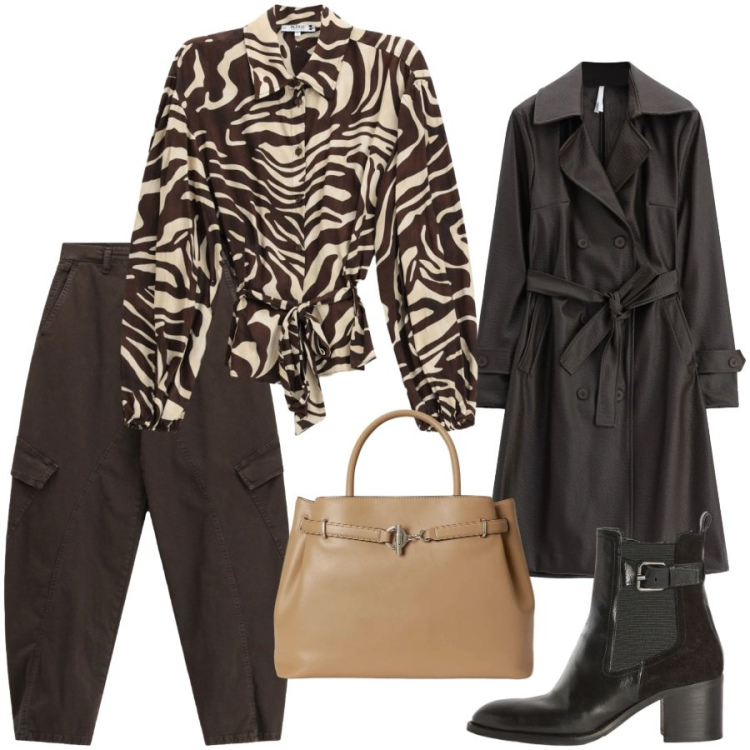 Outfit donna - Color cioccolato. Stile Casual chic per Tutti i giorni. Abbinamento con stivaletti, trench, borse a mano, pantaloni cargo, camicie.