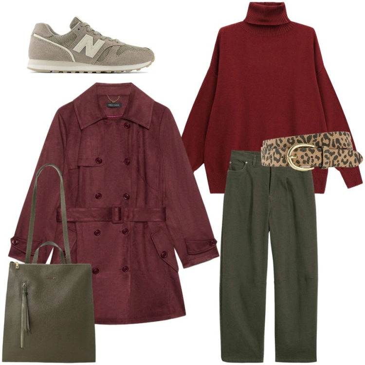 Outfit donna - Verde e bordeaux. Stile Casual chic per Tutti i giorni. Abbinamento con borse a tracolla, trench, pullovers, cinture, sneakers, pantaloni.