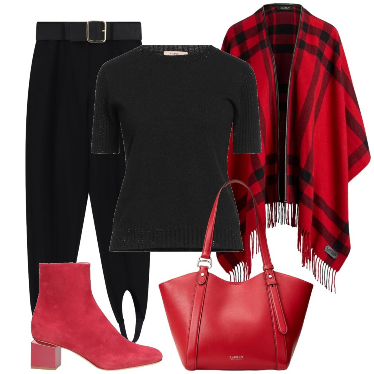 Outfit donna - Rosso/Nero. Stile Basic per Serata fuori. Abbinamento con pantaloni, borse tote, cappe, pullovers, stivaletti.