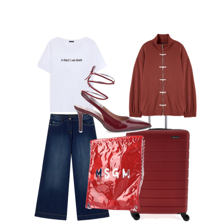 Outfit donna - Viaggi per futuro. Stile Casual chic per Tutti i giorni. Abbinamento con zaini, felpe, jeans, t-shirt, décolleté, valigie.