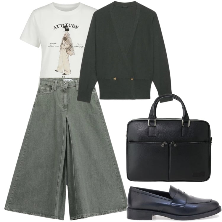 Outfit donna - Total look #2489156. Stile Basic per Scuola/Università. look ideale per Petite. Abbinamento con borse messenger, pantaloni, cardigans, t-shirt, mocassini.
