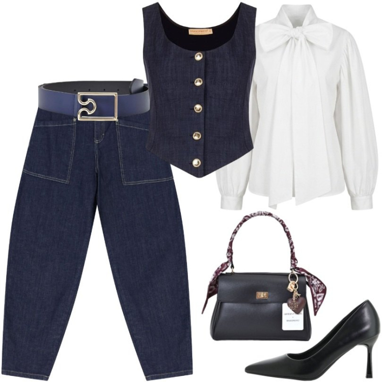 Outfit donna - Il look ideale per uscite urbane. Stile Casual chic per Tutti i giorni. Abbinamento con décolleté, jeans, camicie, gilet, cinture, borse a mano.