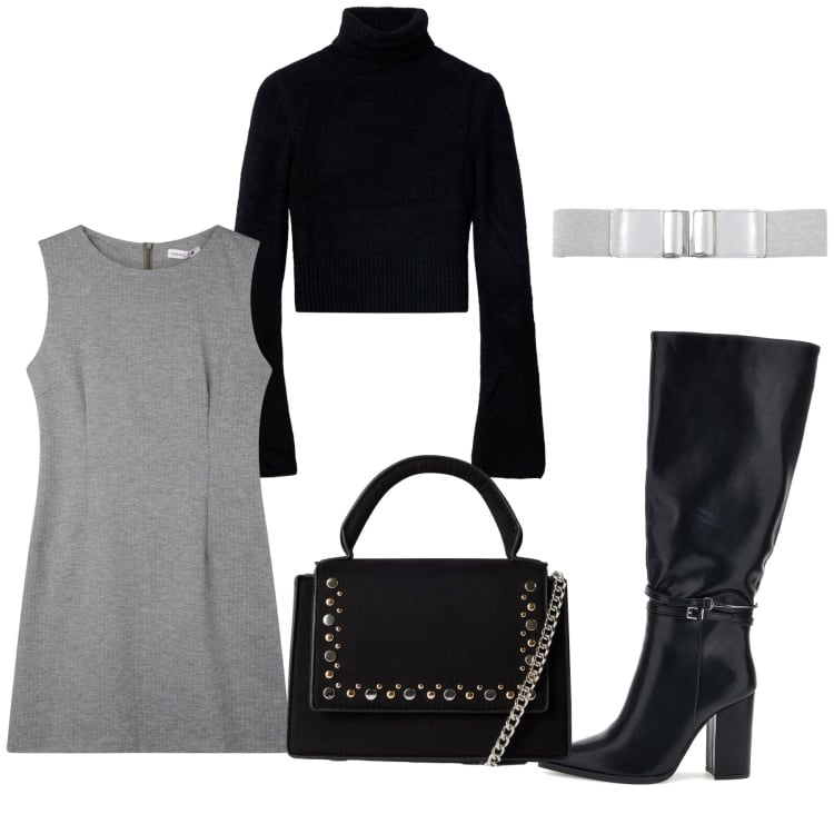 Outfit donna - Miniabito. Stile Minimal per Serata fuori. Abbinamento con vestiti senza maniche, borse a tracolla, cinture, maglieria, stivali.