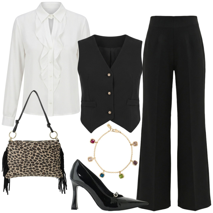 Outfit donna - Serata. Stile Chic per Serata fuori. Abbinamento con borse a spalla, décolleté, braccialetti, pantaloni, gilet, camicie.