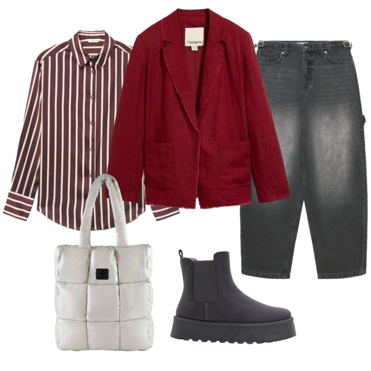 Outfit donna - Il blazer rosso. Stile Casual per Tutti i giorni. Abbinamento con shopping bag, camicie, jeans dritti, blazer, stivaletti.