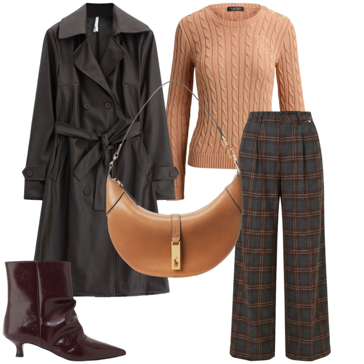 Outfit donna - Trench oversize. Stile Trendy per Ufficio. Abbinamento con trench, stivaletti, pantaloni a palazzo, borse a spalla, maglieria.