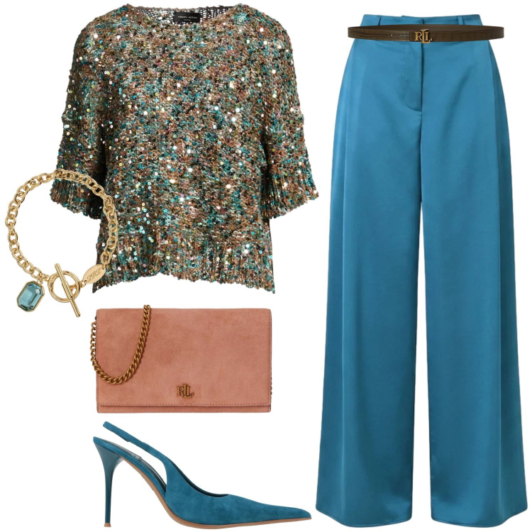 Outfit donna - Total look #2489171. Stile Chic per Cerimonia. Abbinamento con pullovers, décolleté, pantaloni a palazzo, braccialetti, borse a tracolla, cinture.