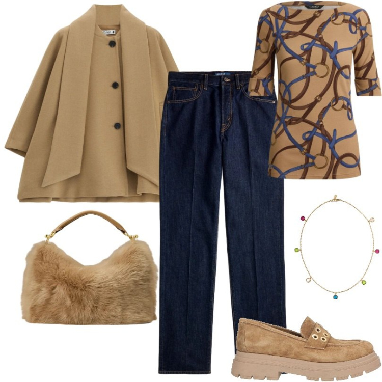 Outfit donna - Total look #2489172. Stile Trendy per Tutti i giorni. Abbinamento con mocassini, cappotti, borse a mano, jeans dritti, collane, t-shirt.