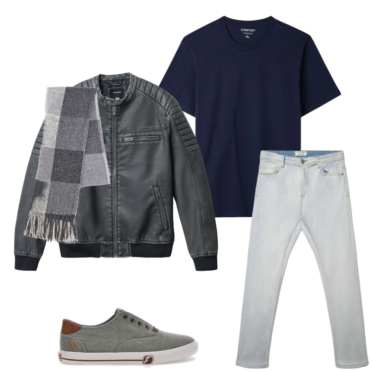 Outfit uomo - Total look #2489174. Stile Casual per Tutti i giorni. Abbinamento con giacche, jeans skinny, t-shirt, sciarpe, sneakers.