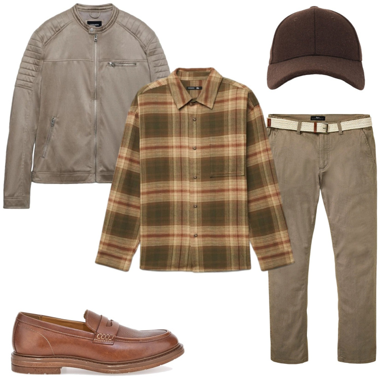 Outfit uomo - Total look #2489175. Stile Trendy per Tutti i giorni. Abbinamento con giacche, camicie, cappelli con visiera, pantaloni chino, scarpe stringate.