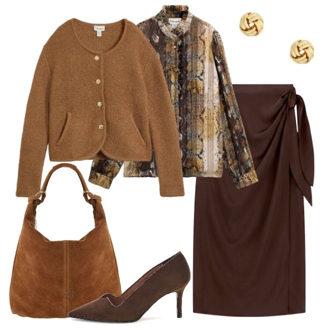 Outfit donna - Cardigan con bottoni oro. Stile Bon Ton per Tutti i giorni. Abbinamento con cardigans, camicie, borse a spalla, gonne lunghe, orecchini, décolleté.