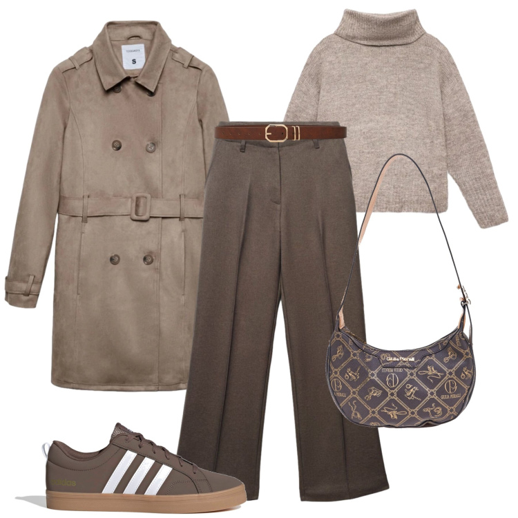 Outfit donna - Trench classico must have. Stile Casual chic per Ufficio. Abbinamento con cinture, pantaloni, trench, pullovers, borse a tracolla, sneakers.