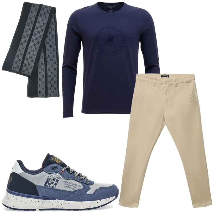 Outfit uomo - Total look #2489179. Stile Casual per Tutti i giorni. Abbinamento con pantaloni chino, sneakers, sciarpe, maglieria.