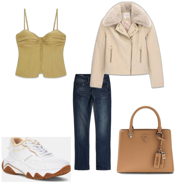Outfit mujer - Casual #9785. Estilo Casual para Todos los días. Combinación con top, sneakers, blazers, vaqueros rectos, bolsos de mano.