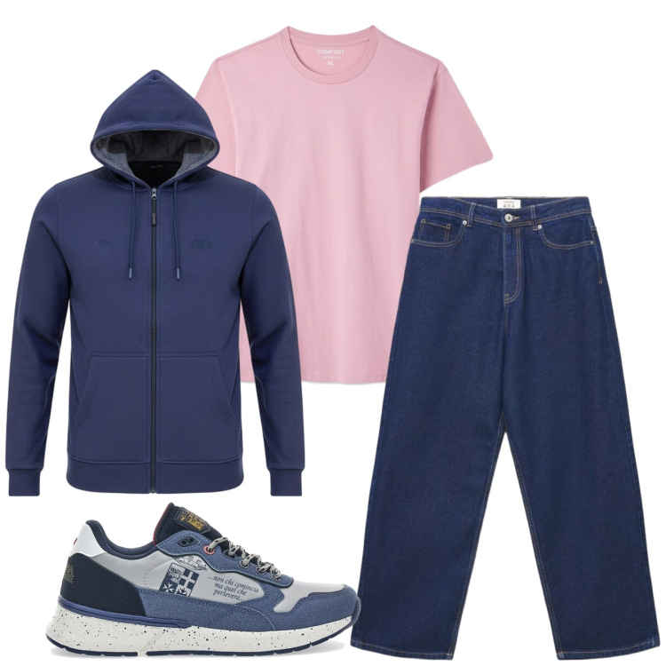 Outfit uomo - Total look #2489181. Stile Casual per Tutti i giorni. Abbinamento con jeans, t-shirt, sneakers, felpe con cappuccio.