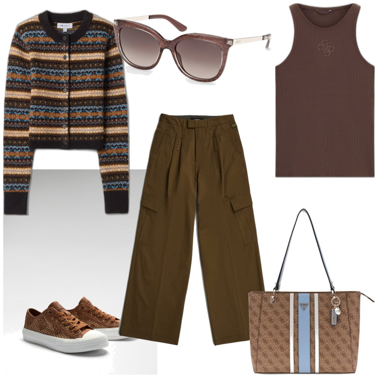 Outfit mujer - Casual chic #14116. Estilo Casual chic para Todos los días. Combinación con sneakers, pantalones cargo, camisetas sin mangas, cárdigans, gafas de sol, bolso tote.