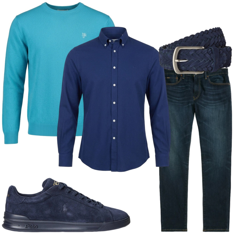 Outfit uomo - Total look #2489187. Stile Casual per Cerimonia. Abbinamento con cinture, camicie, maglieria, sneakers, jeans.