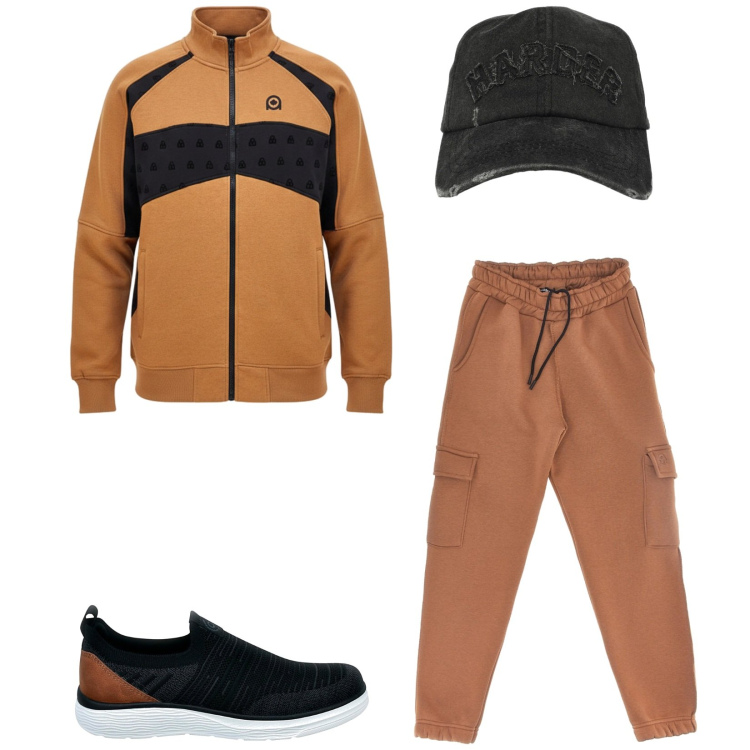 Outfit uomo - Total look #2489191. Stile Urban per Sport. Abbinamento con cappelli con visiera, sneakers, pantaloni cargo, felpe.